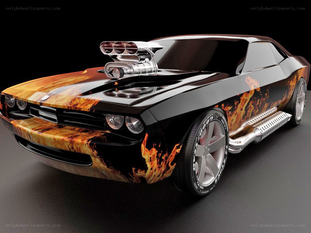 flame-decorated muscle car