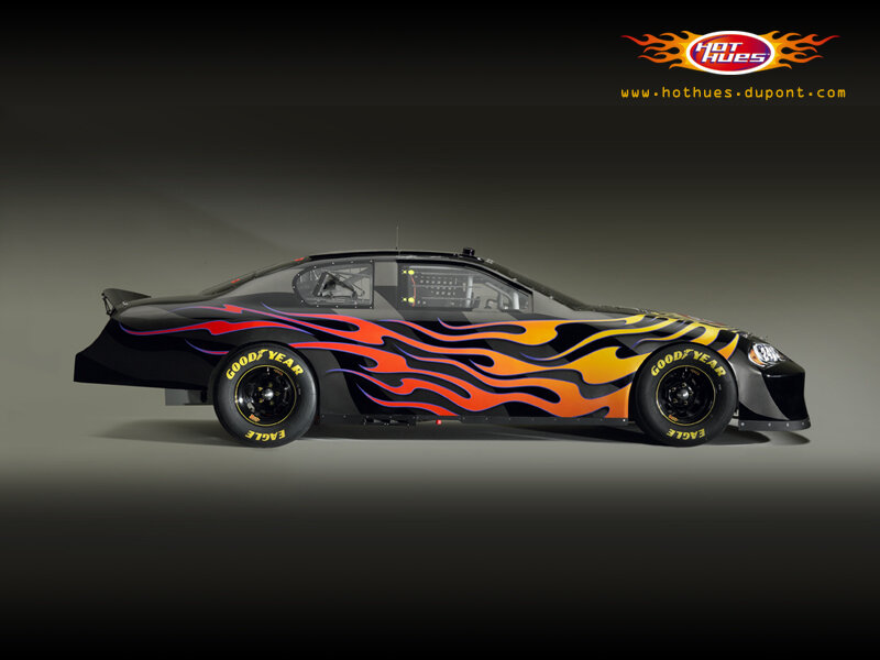 flame-decorated race car