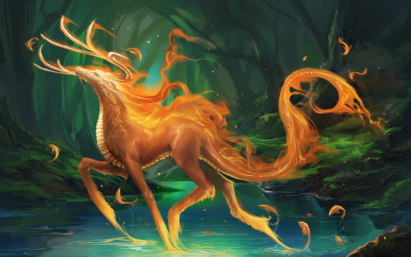 Flame Deer in Forest — Green, Dramatic, Night, Digital Art