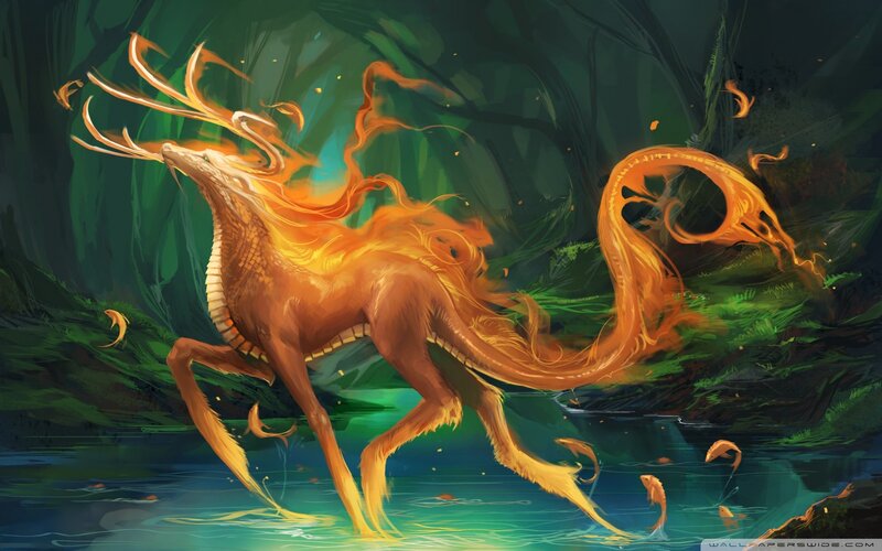 Flame Deer in Forest — Green, Dramatic, Night