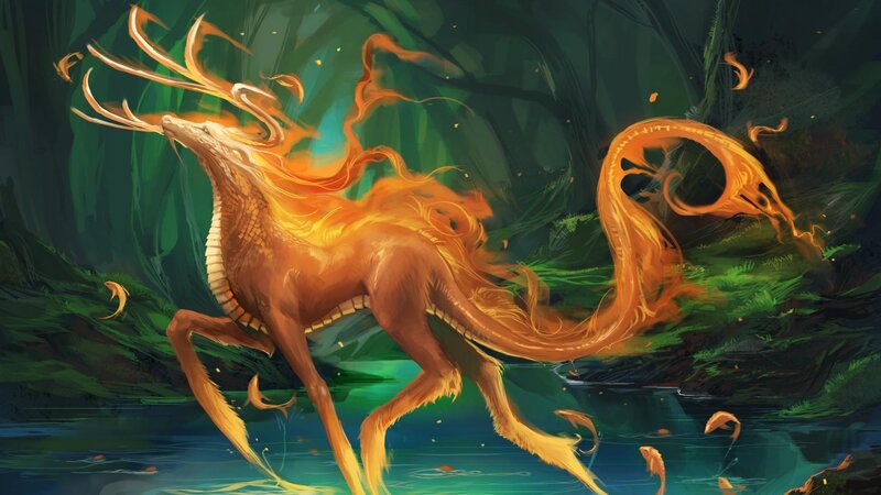 Flame Deer in Forest — Green, Dramatic