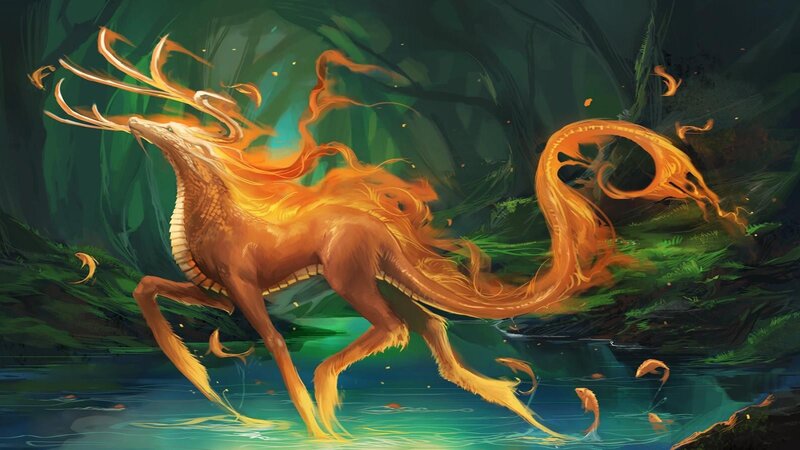 flame deer in forest stream