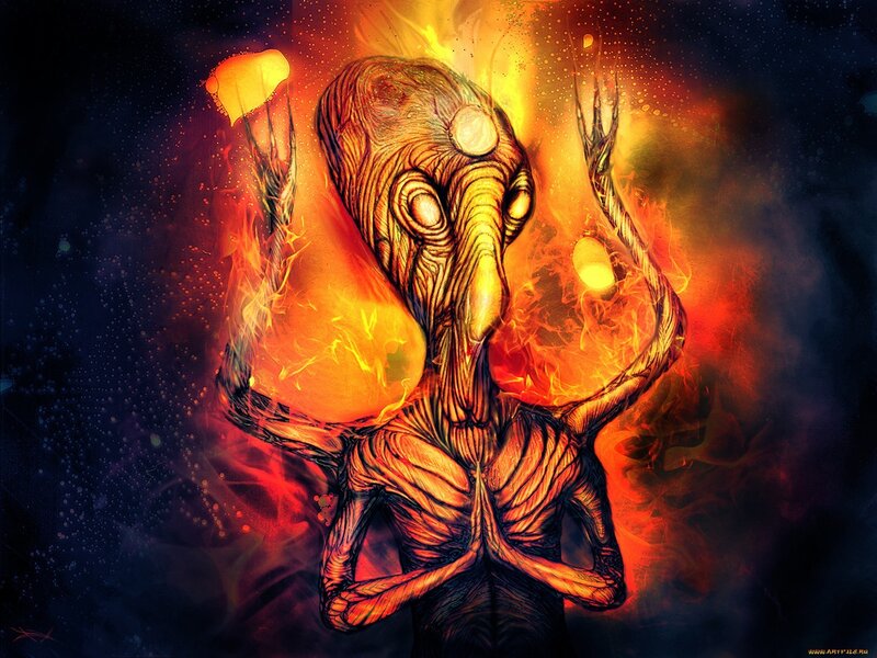 Flame-encased Alien Figure