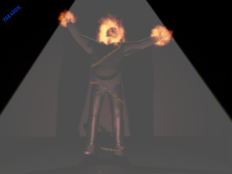 flame-headed figure in chains