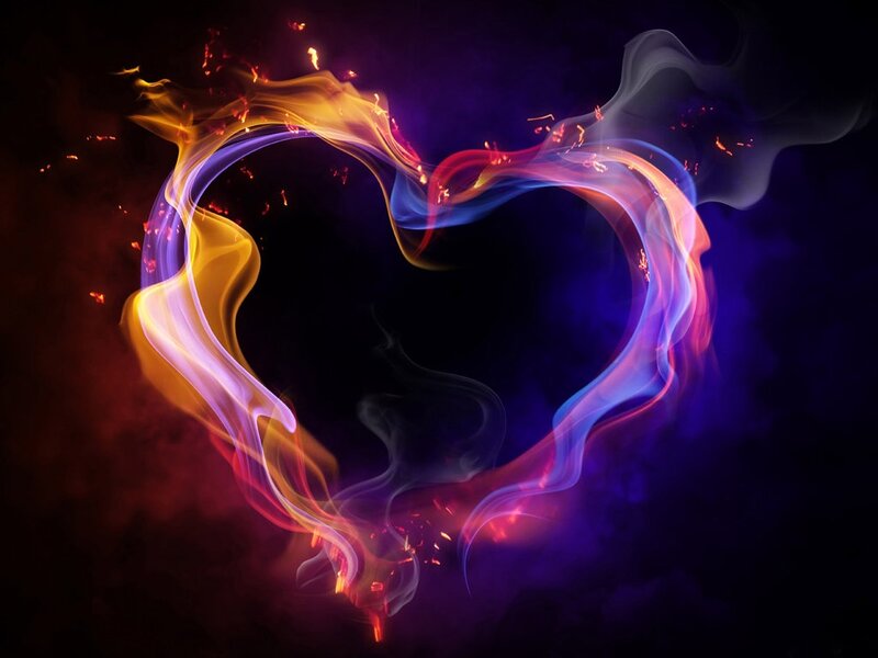 Flame Heart Shape — Purple, Dramatic, Digital Art, Fire, Smoke, Dark Background