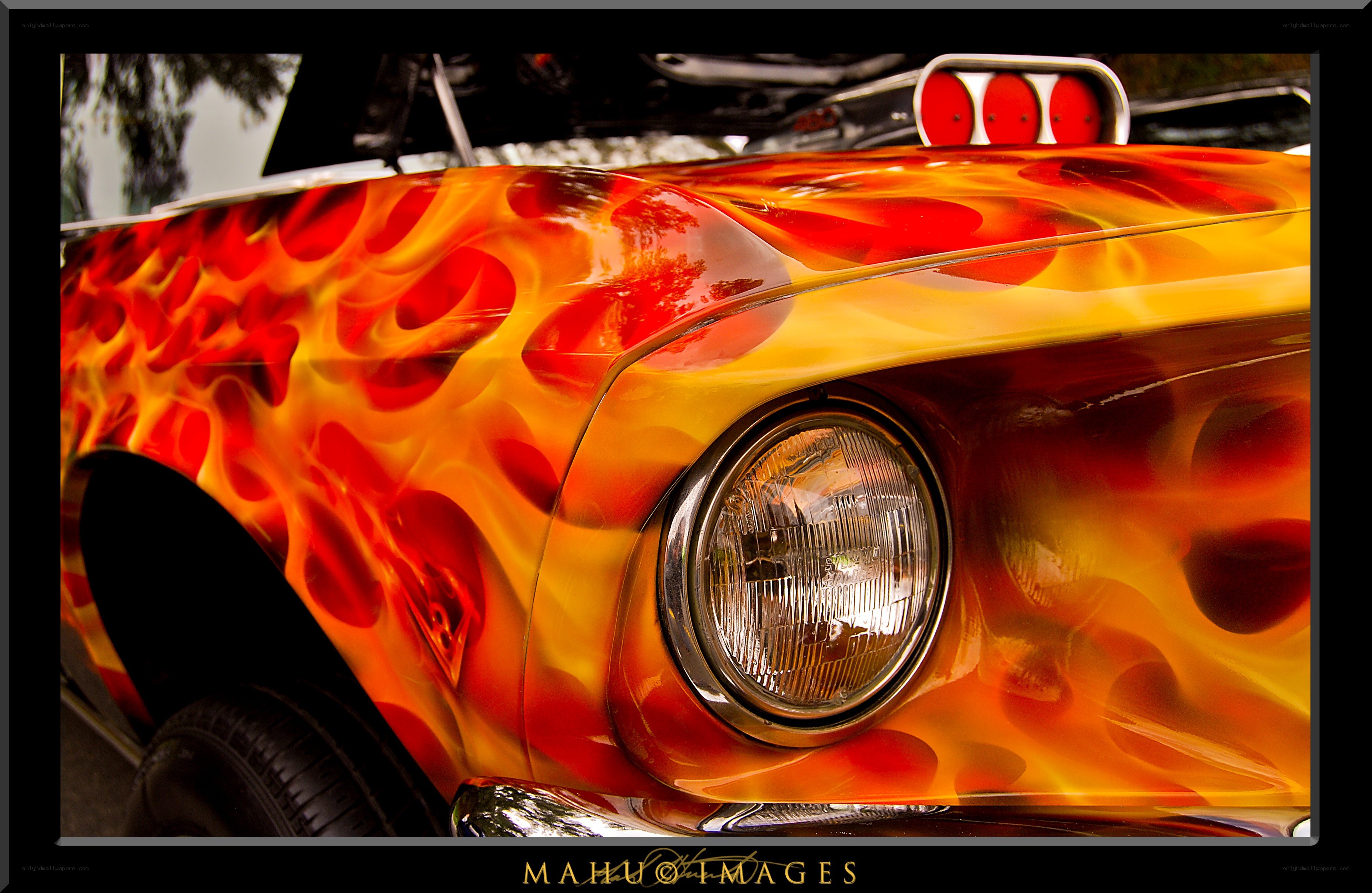 Flame-painted car hood