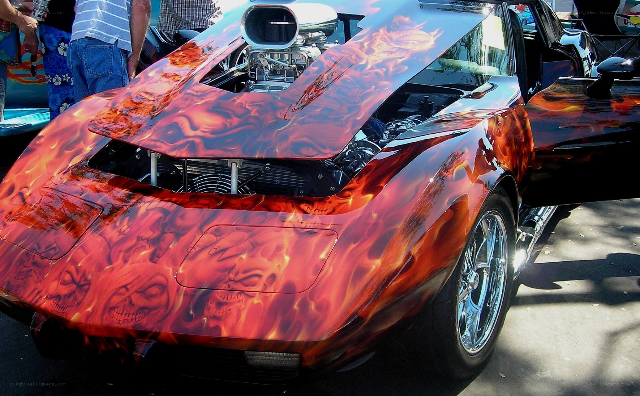 Flame-painted car with open hood