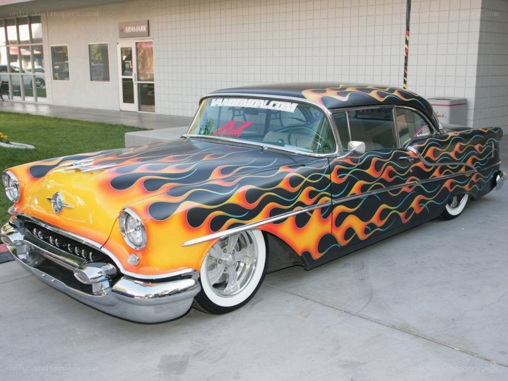 flame-painted classic car