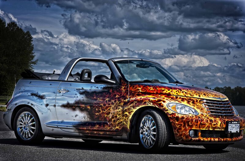 Flame-painted convertible car