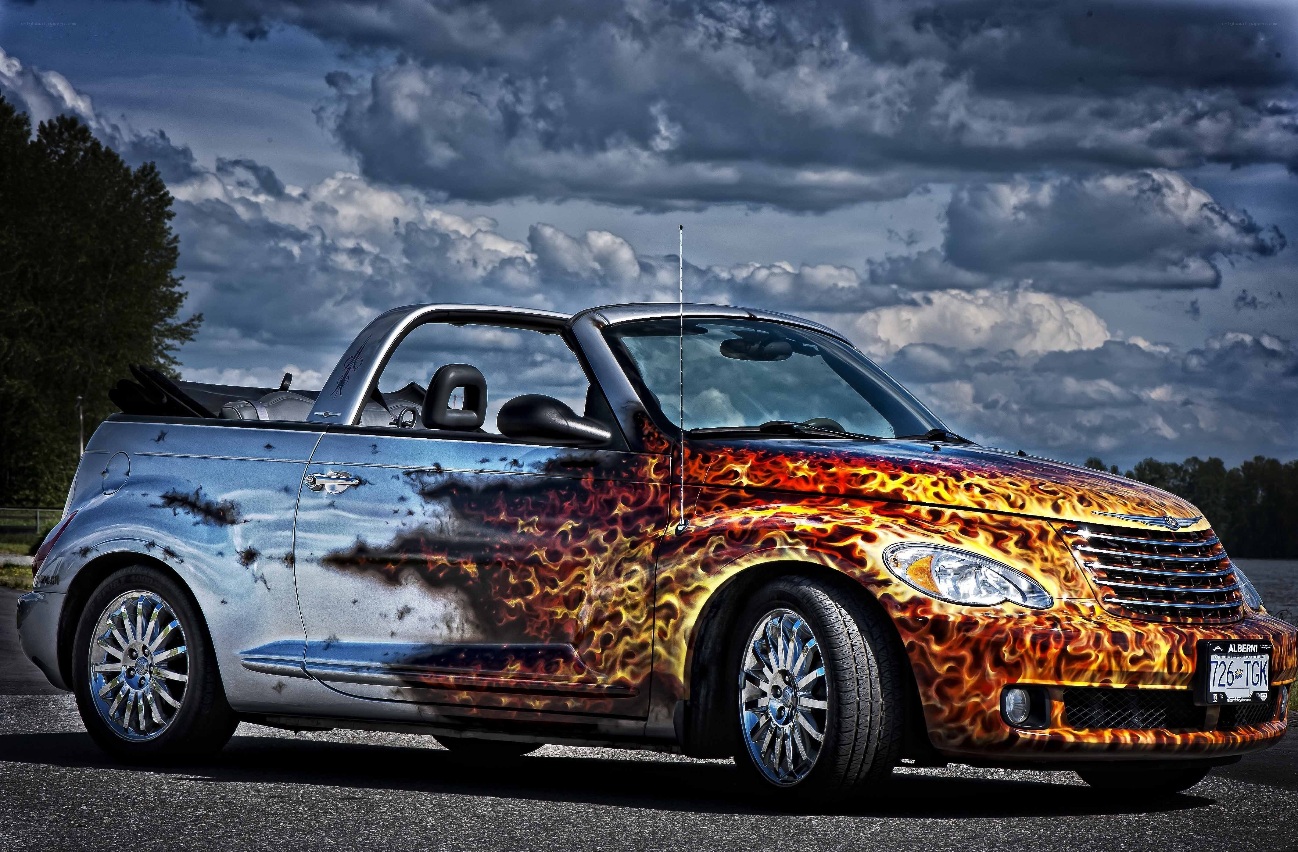 Flame-painted convertible car