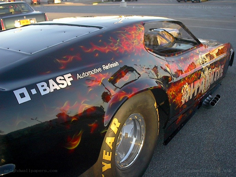 flame-painted drag racing car