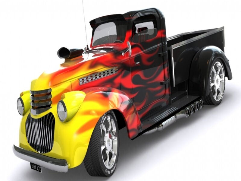 flame-painted vintage hot rod truck