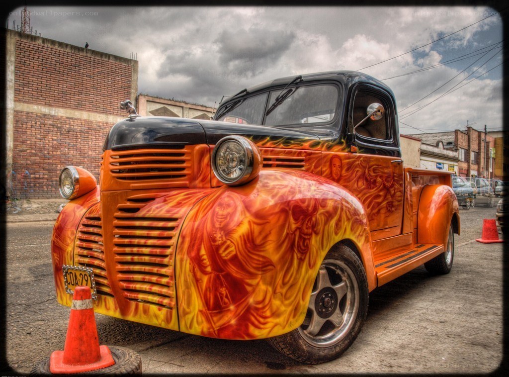 Flame-painted vintage pickup truck
