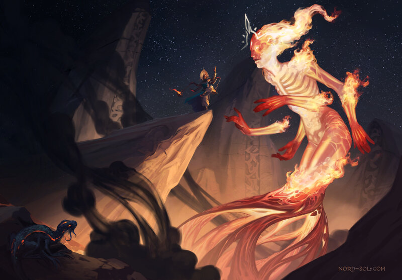 Flame Spirit Confronting Mage