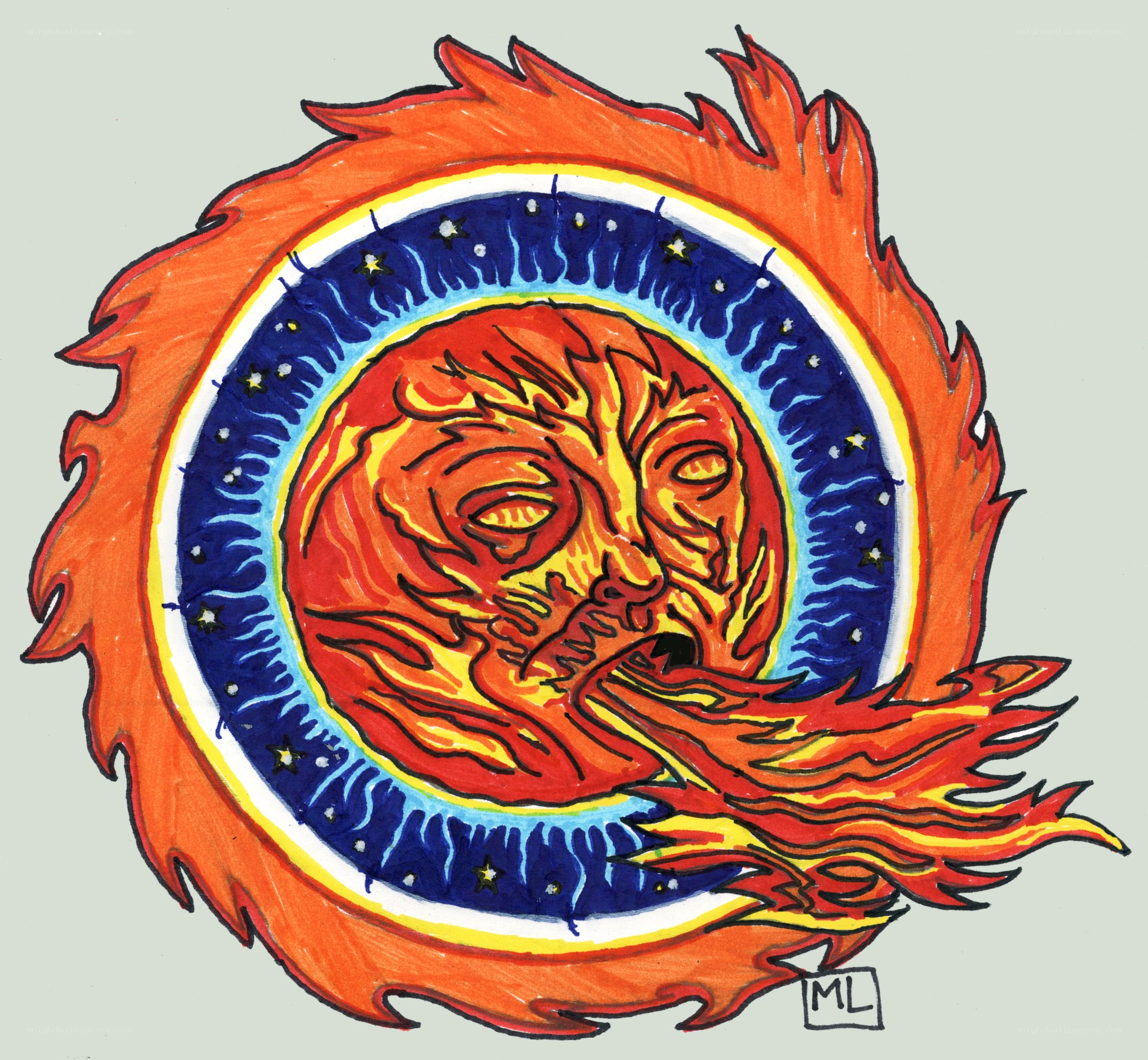 flame sun god illustration