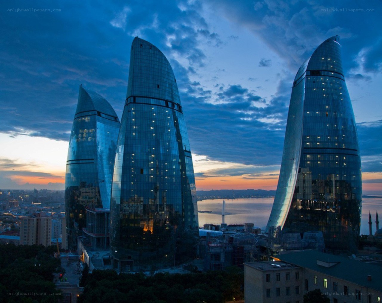 Flame Towers at dusk
