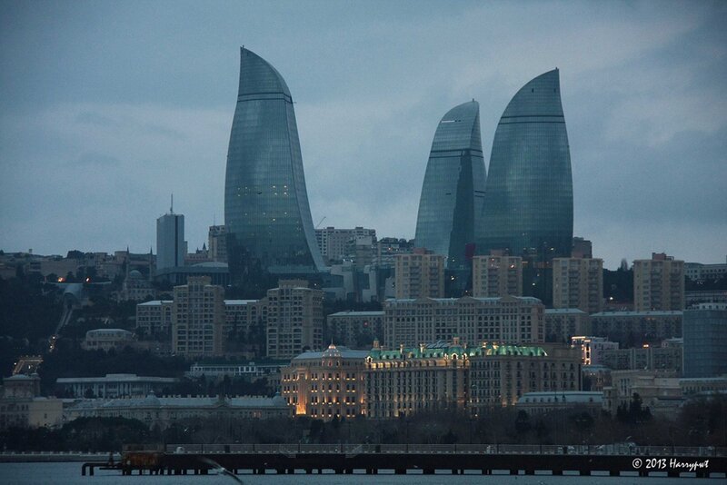 Flame Towers at dusk