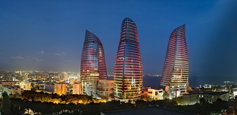 Flame Towers at night