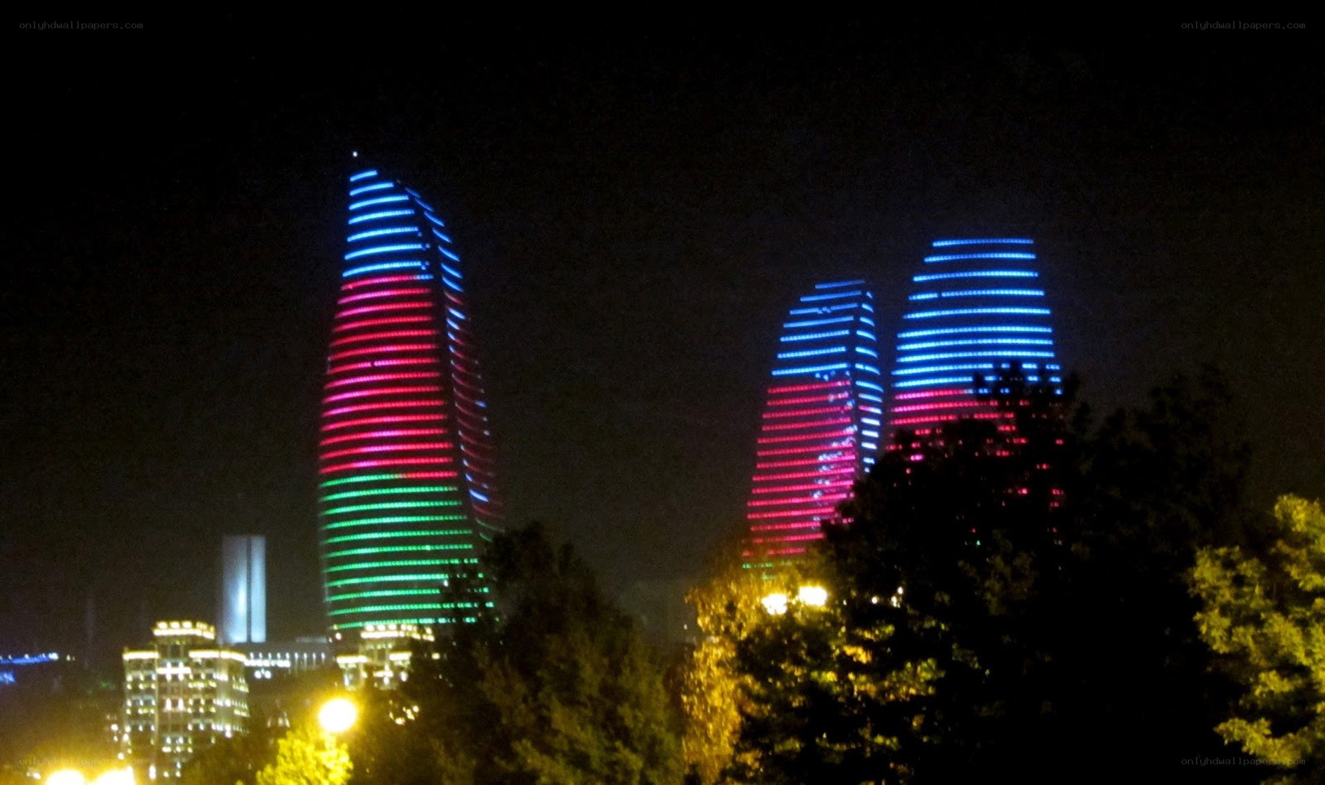 Flame Towers at night
