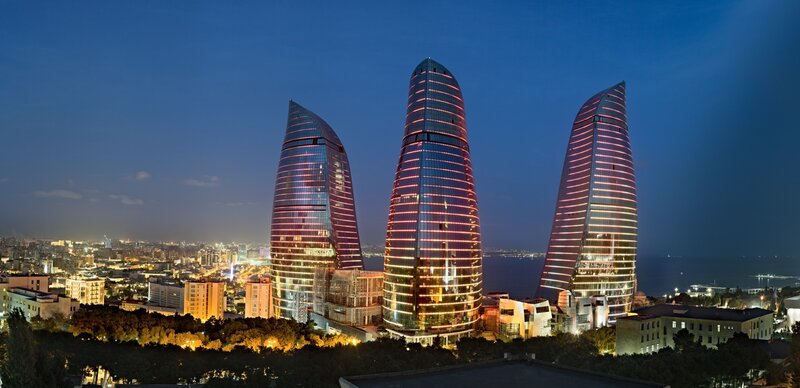 Flame Towers at Night — Blue, Dramatic, Photograph