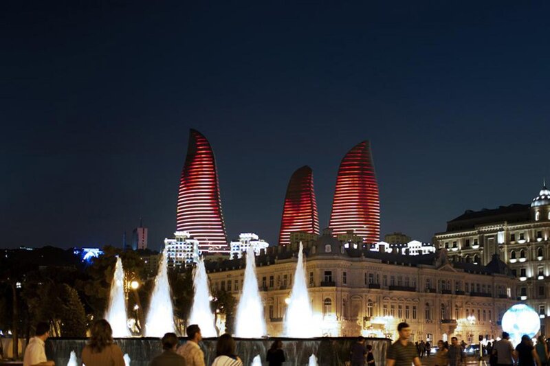 Flame Towers at night