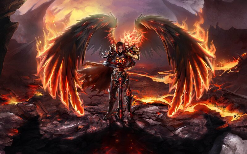 flame-winged warrior stands in hell
