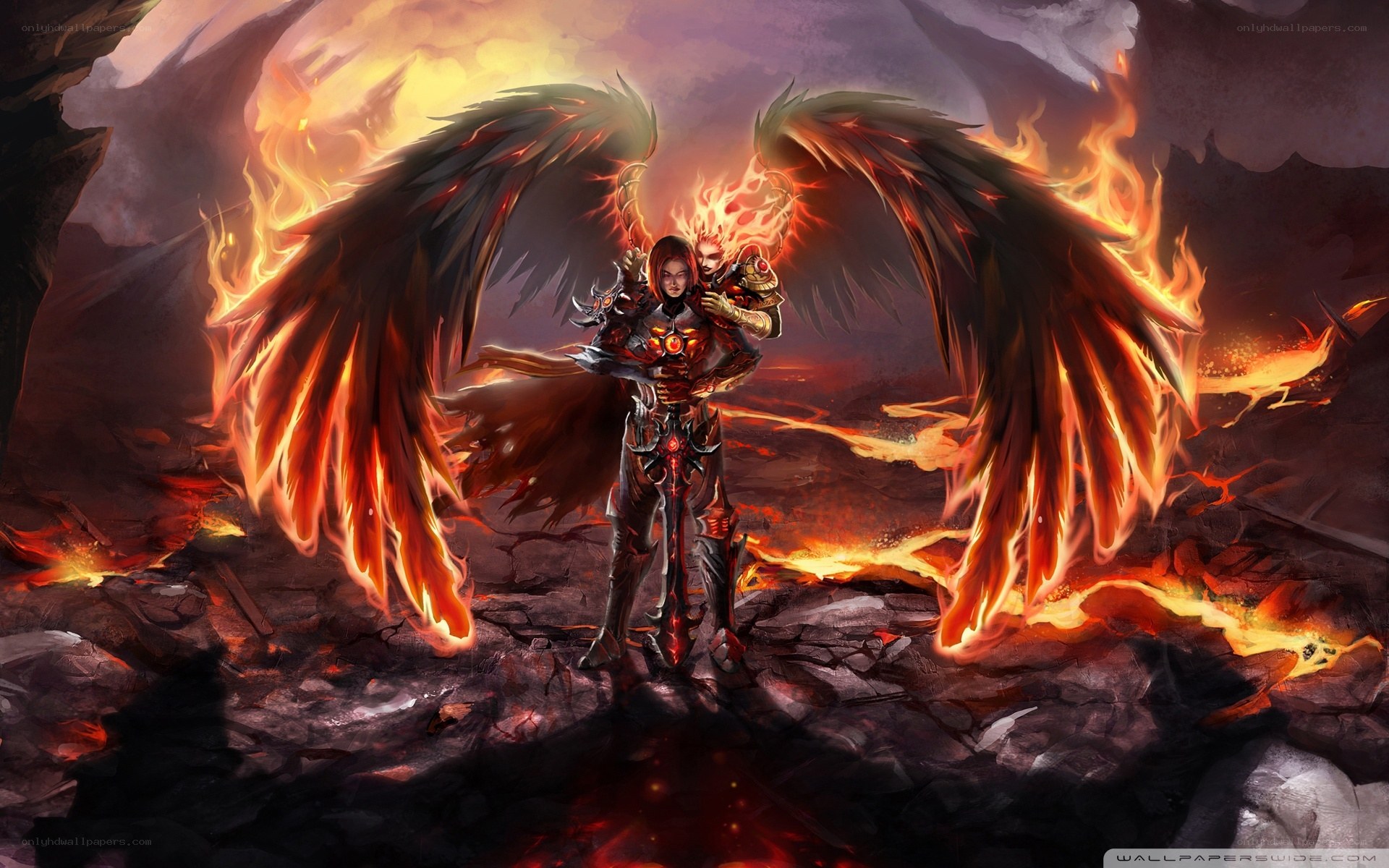 flame-winged warrior stands in lava