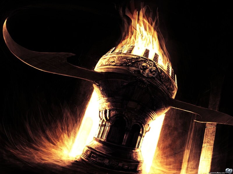 flaming artifact in dark chamber