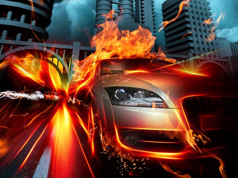 Flaming car in city