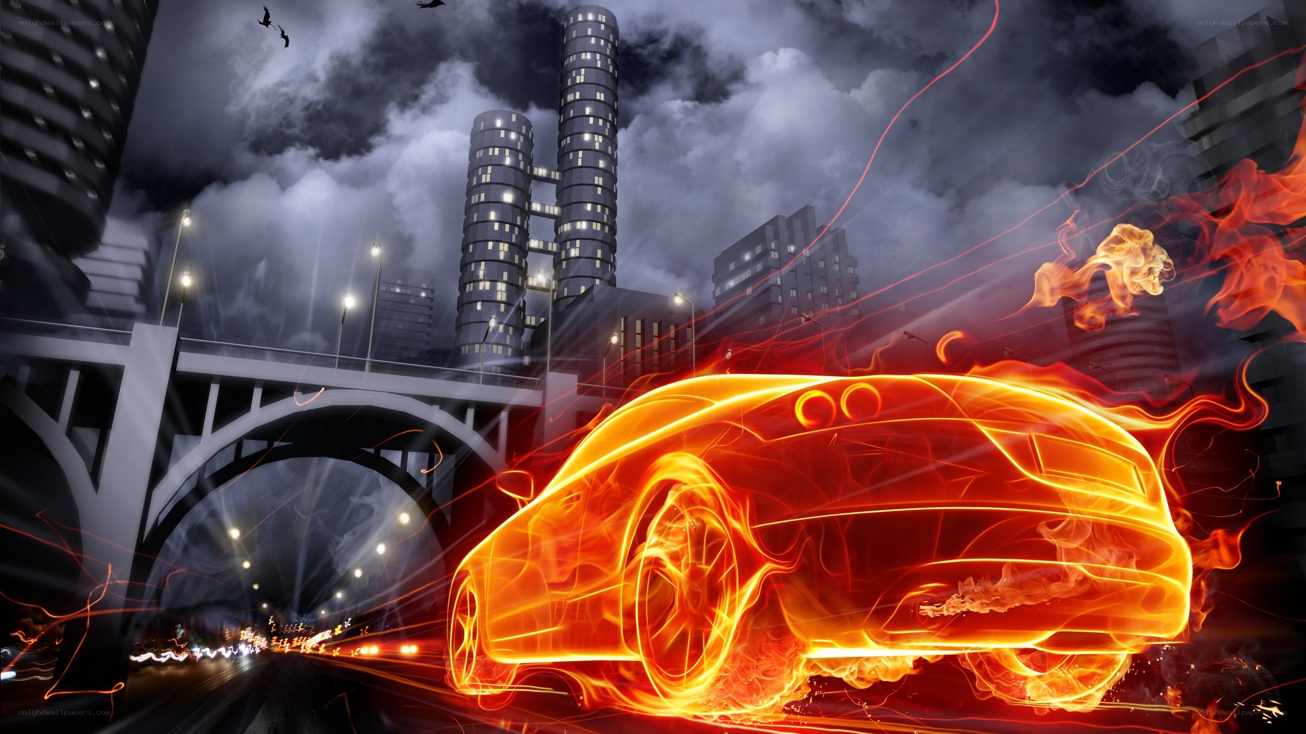 Flaming car in city