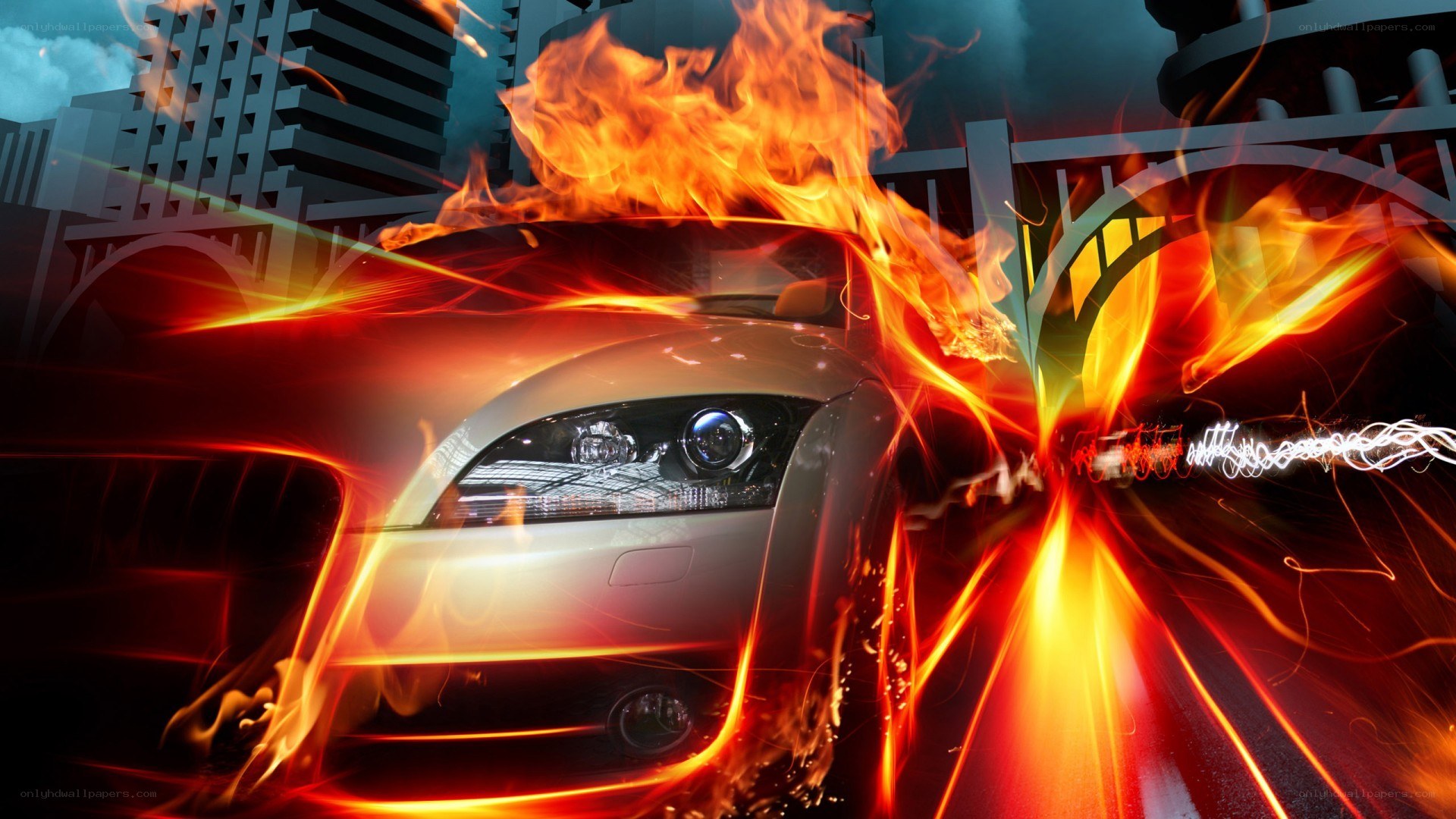 Flaming car in city