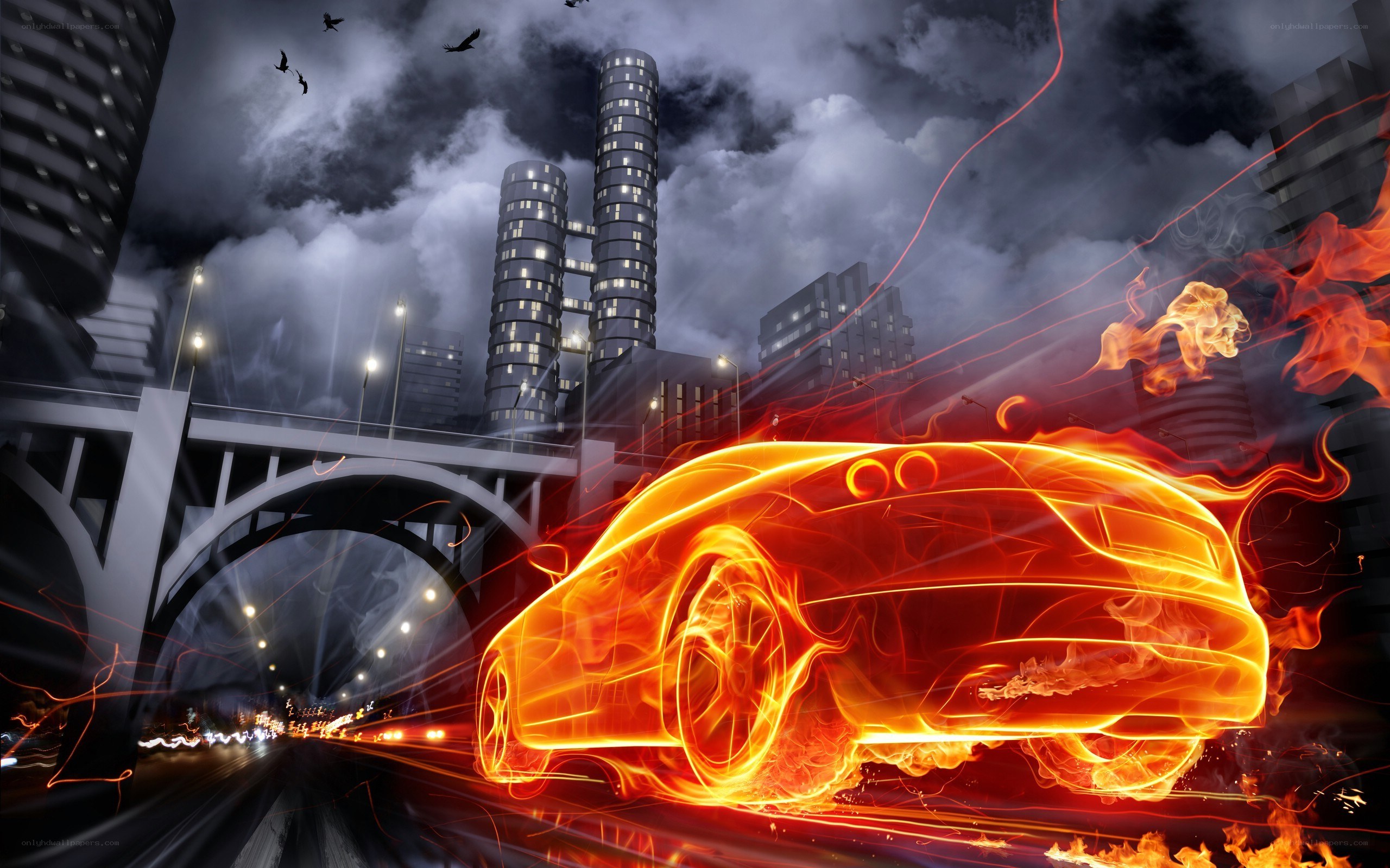 Flaming car in city