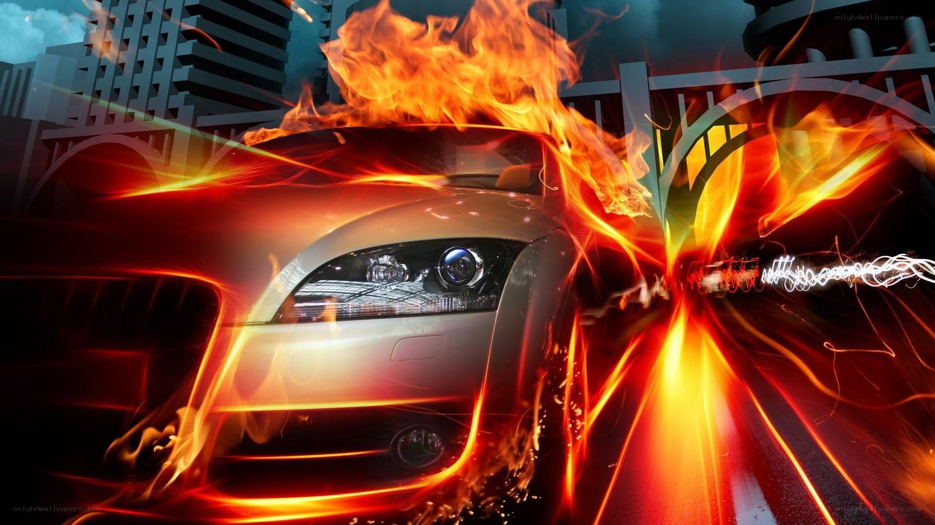 flaming car in city