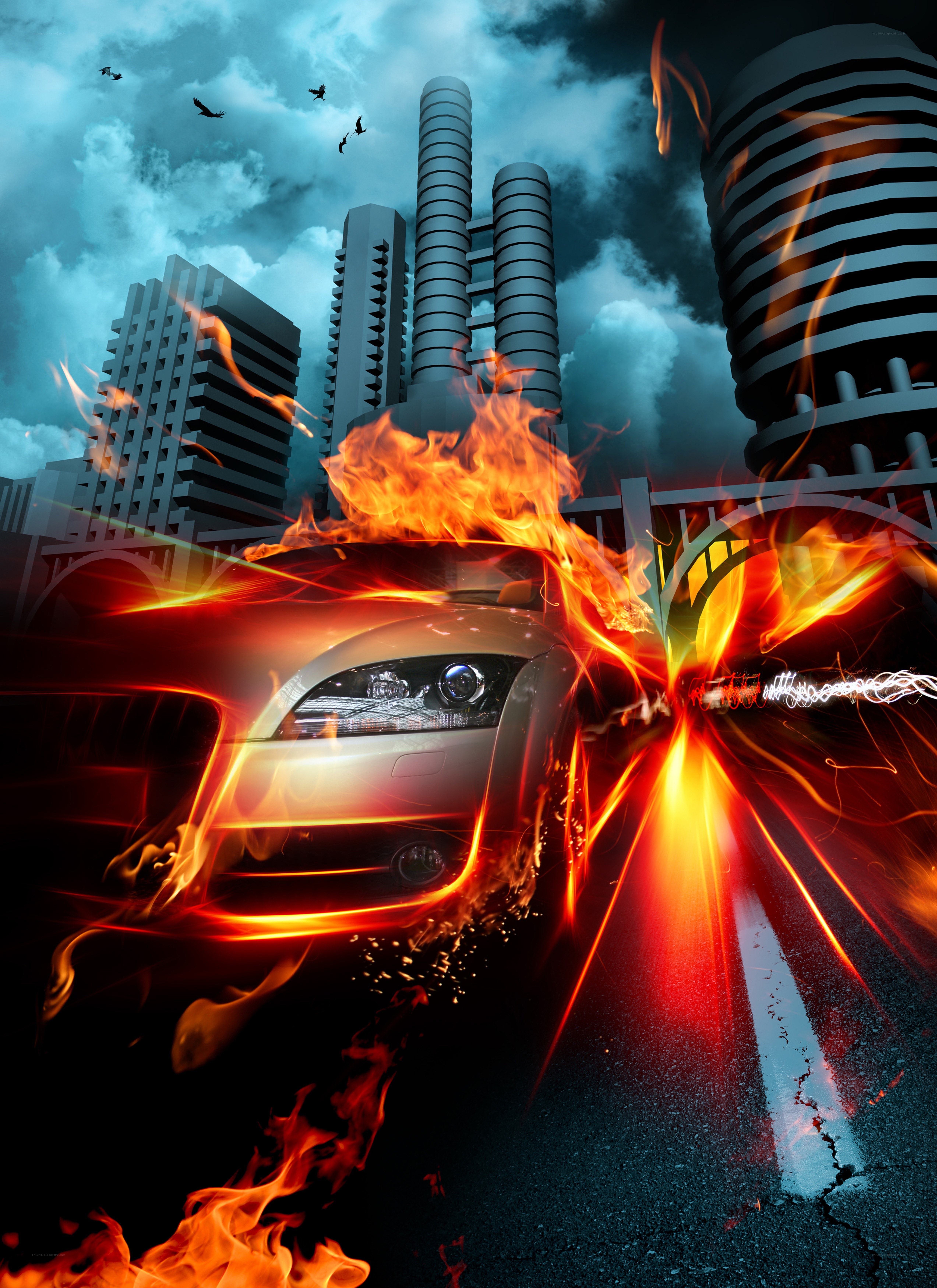 Flaming car in city