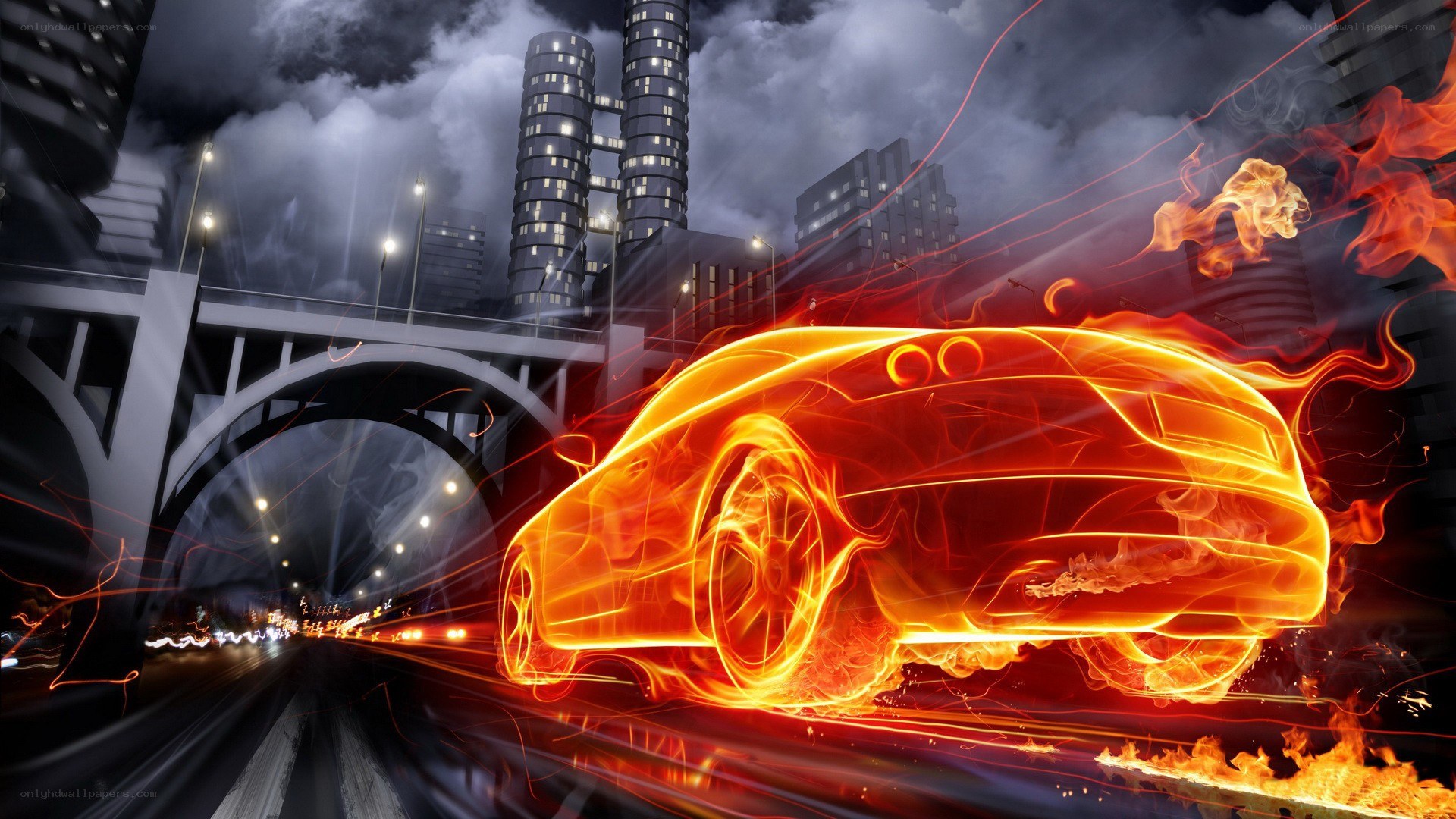 Flaming car in city