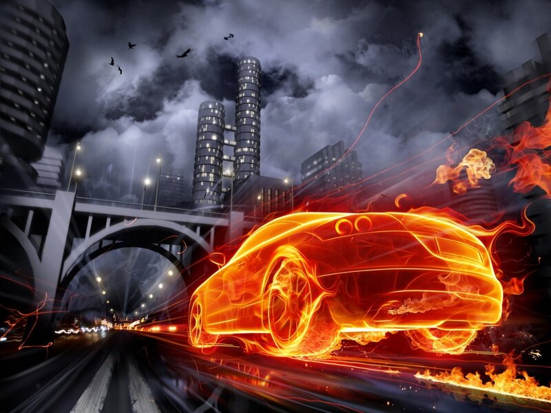 Flaming Car in City — Orange, Dramatic, Night, Digital Art, Bridge