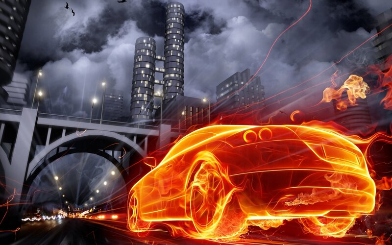 Flaming Car in City — Orange, Dramatic, Night, Digital Art