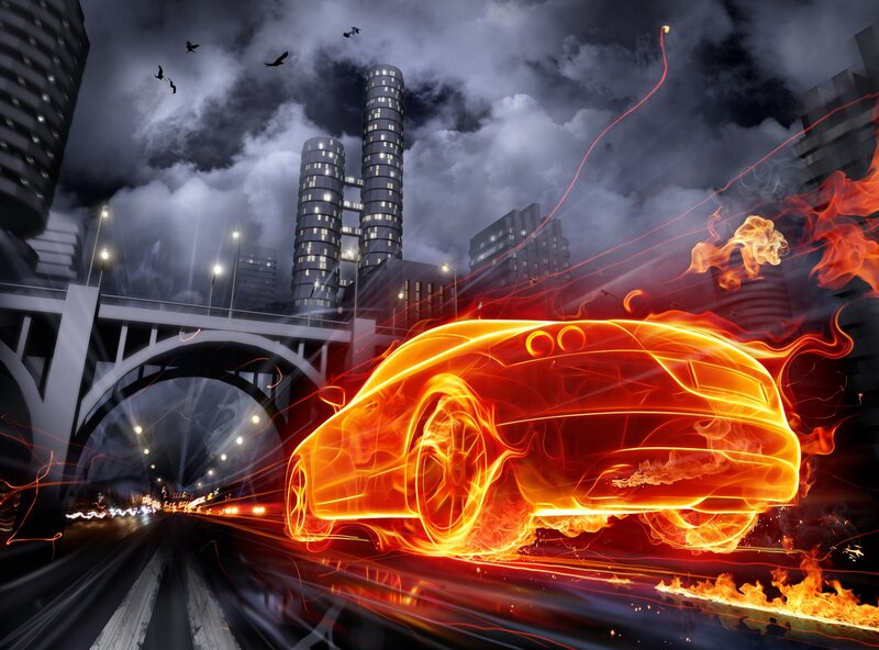 Flaming Car in City — Orange, Dramatic, Night
