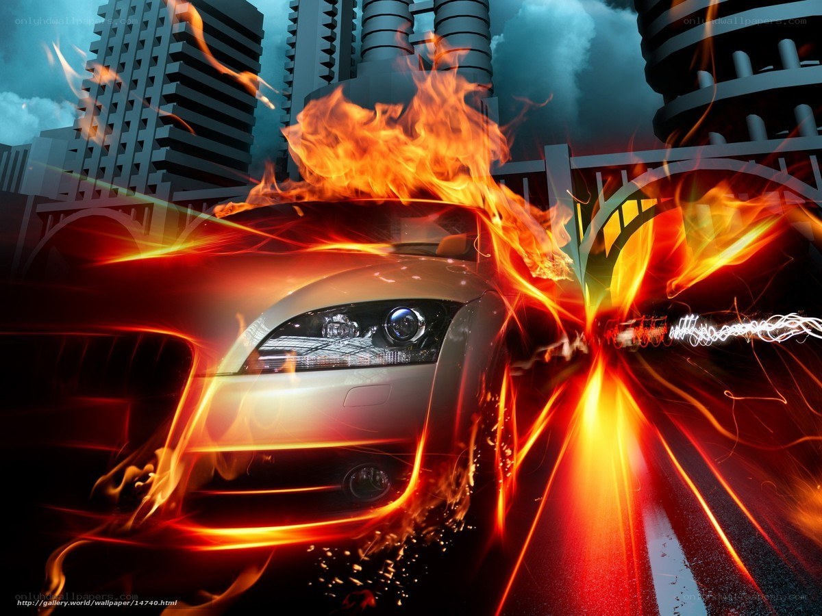 Flaming car in city