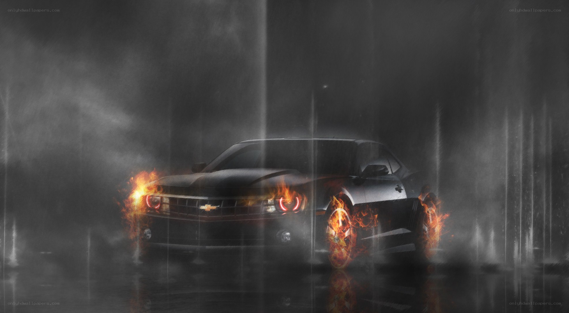 Flaming car in the rain
