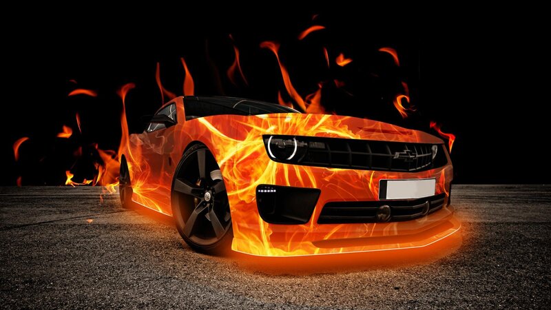 Flaming Car on Asphalt