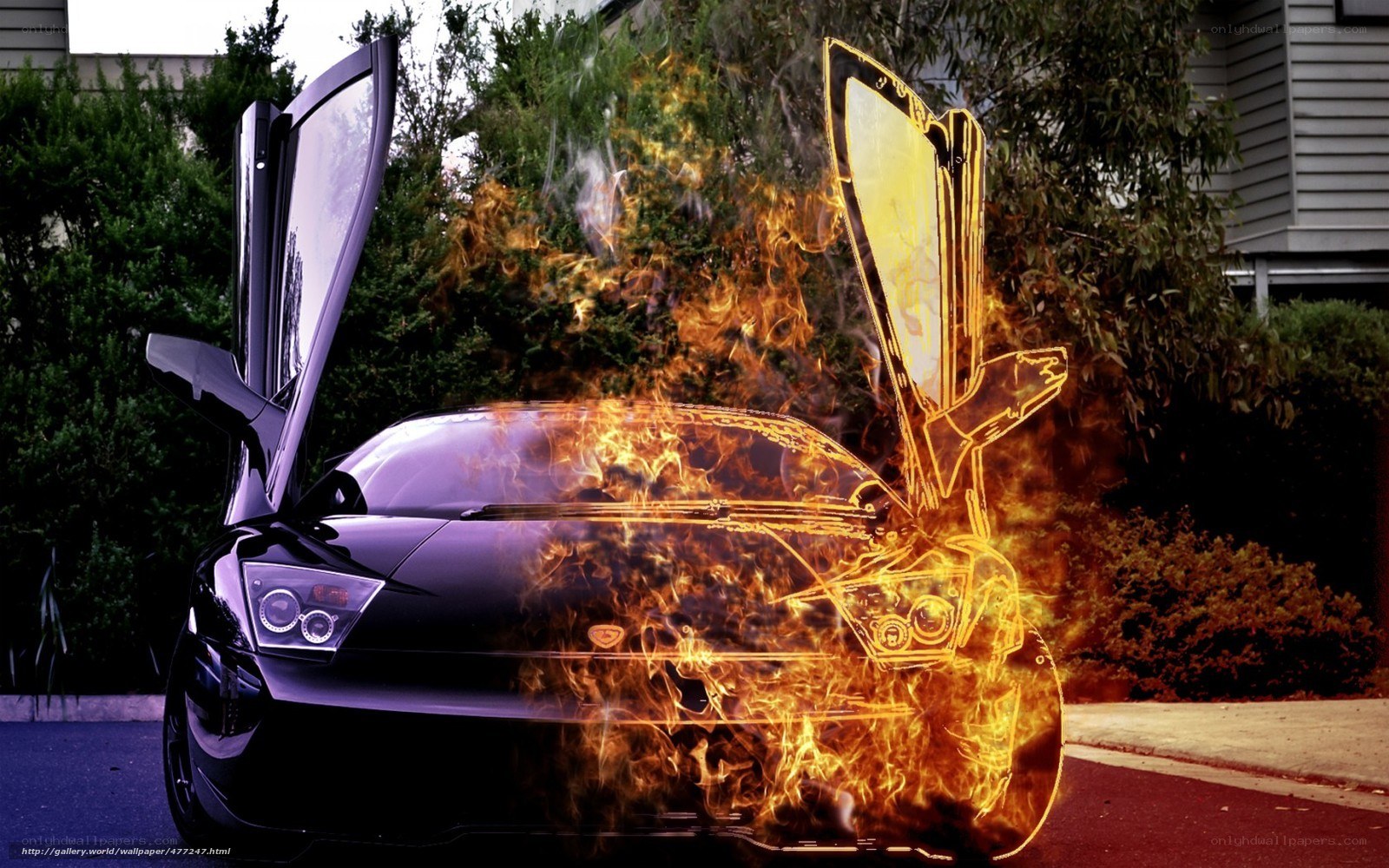 Flaming car with open doors