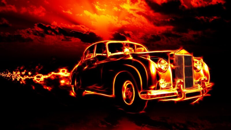 Flaming Classic Car — Red, Dramatic, Night, Digital Art, Fire, Sky, Orange