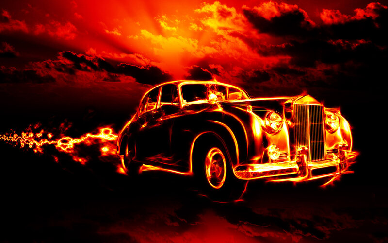 Flaming Classic Car — Red, Dramatic, Night, Digital Art