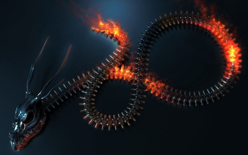Flaming Dragon Skeleton — Black, Dramatic, Night