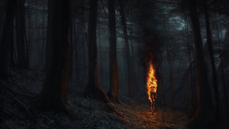 Flaming Figure in Forest