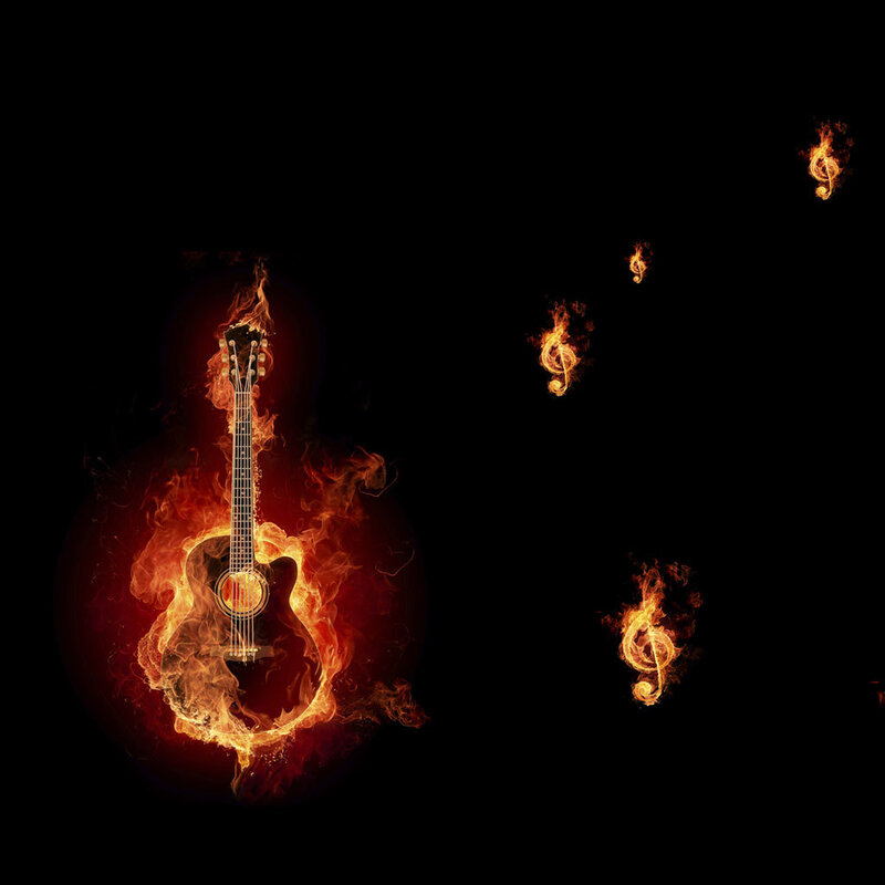 Flaming guitar and musical notes