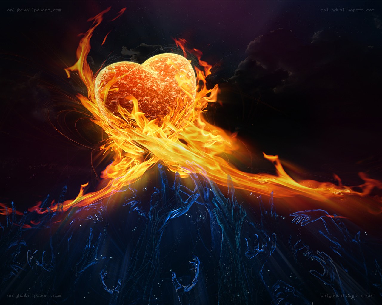 Flaming heart over grasping hands