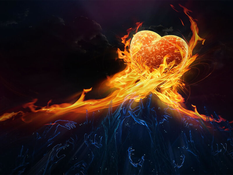 Flaming heart over hands