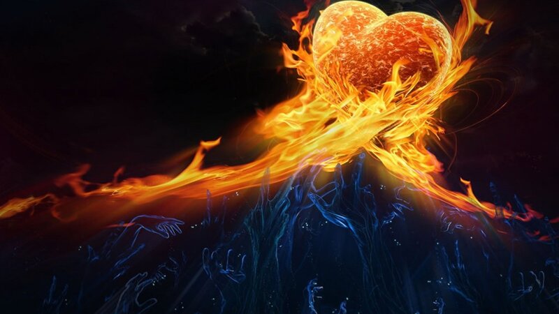 Flaming heart over hands